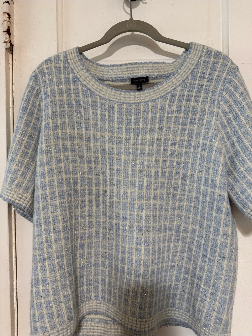 Talbots Blue & Cream Short-Sleeve Ribbed Knit Sweater